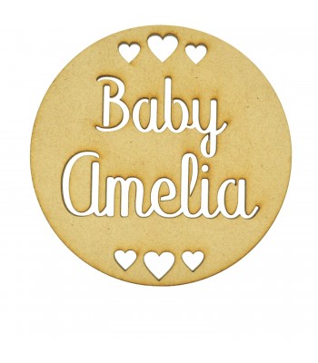 Laser Cut Personalised Baby Announcement Stencil Cut Wording With Hearts Mini Circle Plaque