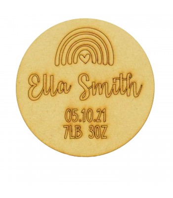 Laser Cut Personalised Baby Announcement Rainbow Theme Mini Circle Plaque