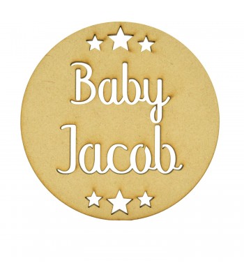 Laser Cut Personalised Baby Announcement Stencil Cut Wording With Stars Mini Circle Plaque