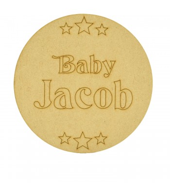 Laser Cut Personalised Baby Announcement Etched Wording With Stars Mini Circle Plaque