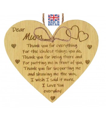 Laser Cut Oak Veneer 'Dear Mum Thank you for everything' Engraved Mini Plaque
