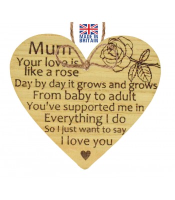 Laser Cut Oak Veneer 'Mum Your Love Is Like A Rose' Engraved Mini Plaque