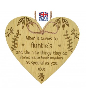 Laser Cut Oak Veneer 'When It Comes To Aunties' Word  Collage Engraved Mini Heart Plaque