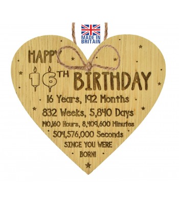 Laser Cut Oak Veneer 'Happy 16th Birthday 16 Years, 192 Months...' Word  Collage Engraved Mini Heart Plaque