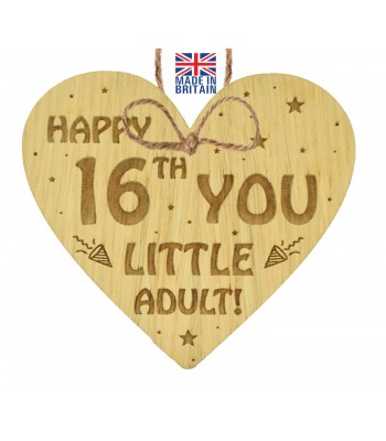 Laser Cut Oak Veneer 'Happy 16TH You Little Adult' Word  Collage Engraved Mini Heart Plaque