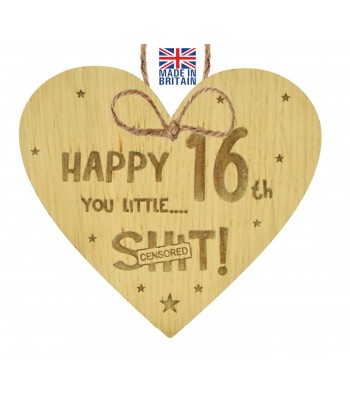 Laser Cut Oak Veneer 'Happy 16th You Little...' Word  Collage Engraved Mini Heart Plaque