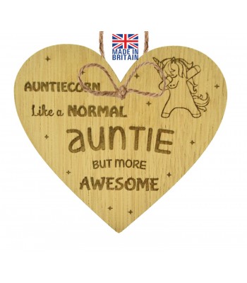 Laser Cut Oak Veneer 'Auntiecorn Like A Normal Auntie' Word  Collage Engraved Mini Heart Plaque
