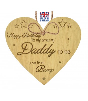 Laser Cut Oak Veneer 'Happy Birthday Daddy To Be' Word  Collage Engraved Mini Heart Plaque